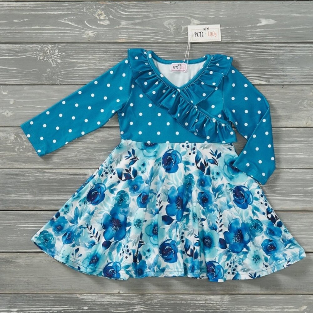 Teal Blossoms Long Sleeve Dress
